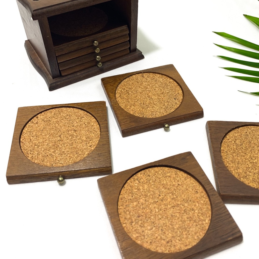 Vintage Brass/Wood/Cork Drink Coasters (set of 8)